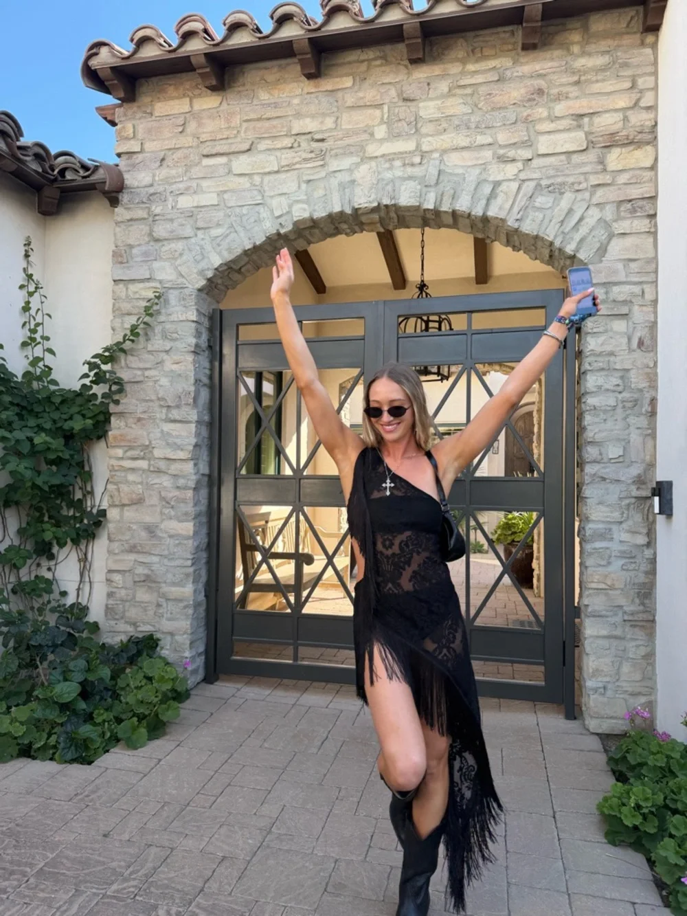 Black Lace Fringe Asymmetric Dress - Picture 3 of 5